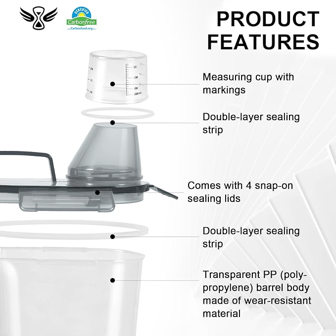 LEAWALK Airtight Rice Storage Container, 3-5Lbs Cereal Dry Food Flour Bin, Pet Dog Cat Food Dispenser with Measuring Cup, BPA Free Plastic Kitchen and Pantry Organization Bin for Sugar-Clear Grey