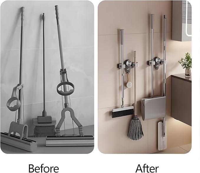 Atlodas Broom Holder Mop Hanger, No punching required Broom Hanger Organizer for Bathroom, Kitchen, Office，Utility Room，Laundry Room,Home Garden, Garage Storage and Organization Rack (white)