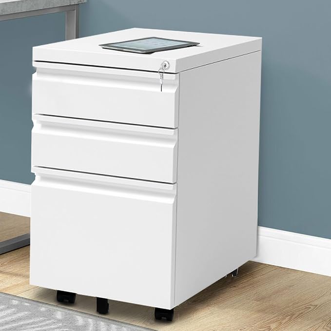 3-Drawer Mobile File Cabinets Rolling Metal Filing Cabinet for Legal & Letter File Anti-tilt Design with Lock Under Desk Office Drawers Fully Assembled Except Casters Elegant White