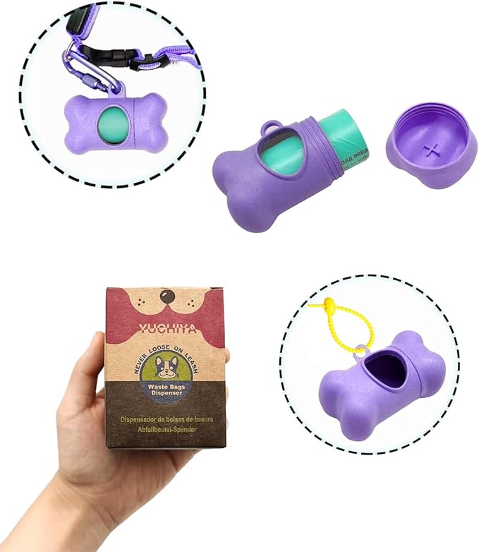 YUCHIYA Dog Poop Pickup Bags Holder Dispenser with Standard-Sized Leak-Proof Scented Doggy Waste Bags and Carabiner Hook and Loop Fastener Never Loose on Leash Lead Again (1 Holder 15 Bags, Purple)