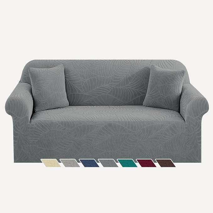 YEMYHOM Couch Cover Latest Jacquard Design High Stretch Sofa Covers for 2 Cushion Couch, Pet Dog Cat Proof Loveseat Slipcover Non Slip Elastic Furniture Protector (Medium, Begonia Leaf Dark Grey)