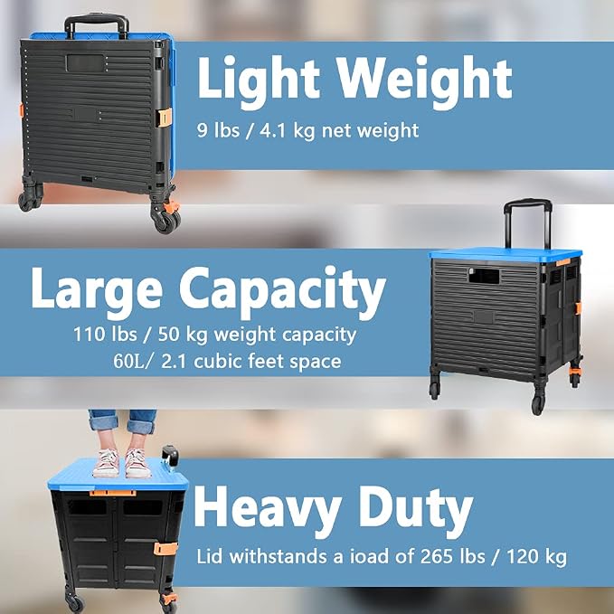 FELICON SELORSS Foldable Utility Cart Folding Portable Rolling Crate-Blue | Heavy Duty,Telescoping Handle,4 Rotate Wheels,Collapsible Handcart for Travel Shop Move Luggage Laundry Teacher Office Use