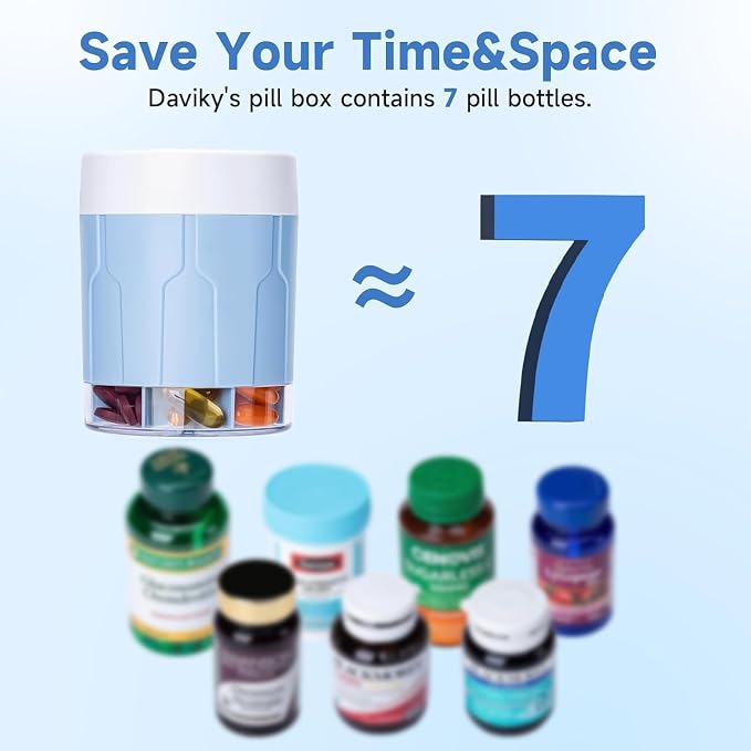Daviky Pill Bottle Organizer, 7 Large Compartments, Travel Pill Dispenser | Seven large compartments organize daily pills, vitamins and supplements, with dual lids for convenient storage and travel