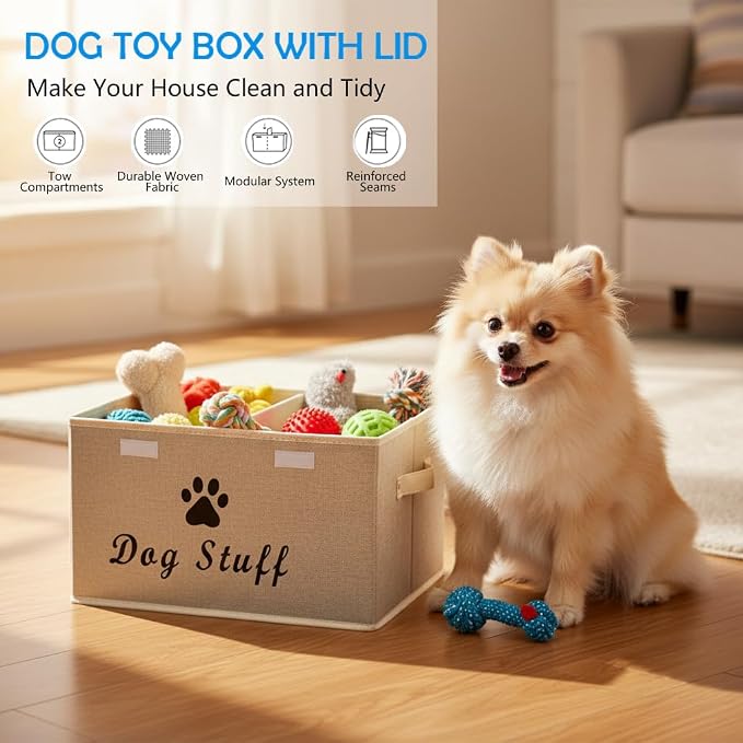 Morezi Dog toy box with lid storage organizer perfect basket for dog toys living room, playroom, closet, home organization and storage - Beige