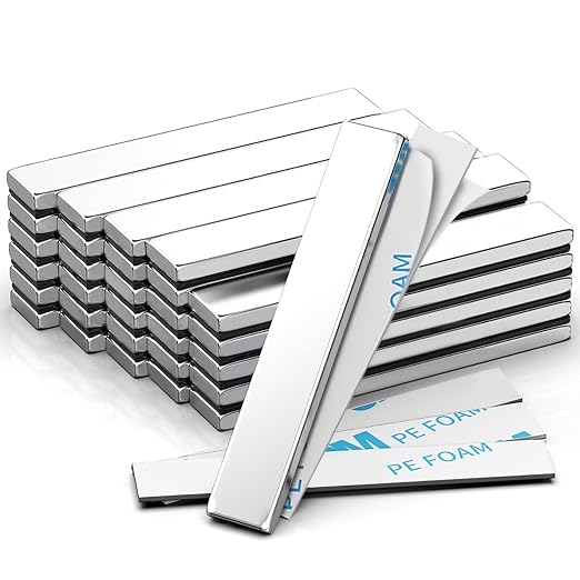 Rare Earth Magnets, 30 Pack Strong Neodymium Magnets, 60x10x3 mm | Rectangular Bar Magnets Strip with Double Sided Adhesive for Window Curtain Indoor Outdoor Light Lamp, Silver