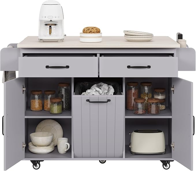 51" Rolling Kitchen Island with Storage - Kitchen Island on Wheels with Trash Can and Drop Leaf, Farmhouse Movable Kitchen Storage Islands & Carts with Towel Rack, Spice Rack, Grey