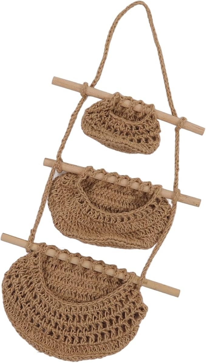 Handcrafted 3-Tier Hanging Wall Basket Made of Hemp Rope and Wood, Rustic Wall-Mounted Fruit and Plush Doll Organizer