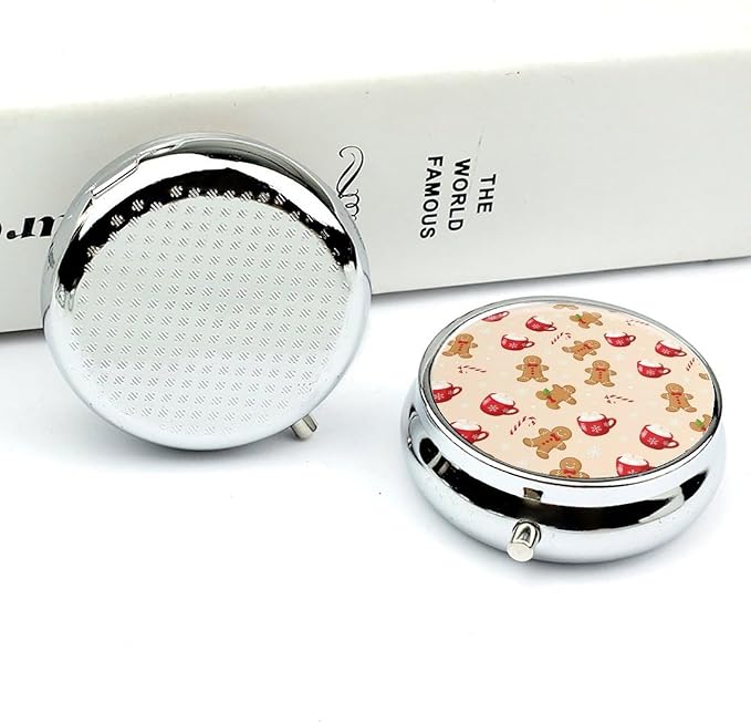 Round Pill Case, Christmas Gingerbread Man Candy Cane Portable Mini Holder, Travel Organizer with Mirror, Pocket Purse Box for Daily Meds