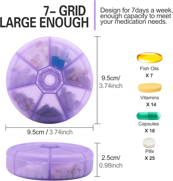 Portable Weekly Pill Organizer (Pack of 2) 7 Day Container,Round Case Travel Friendly,Daily Week Pill Reminder,Vitamin,Supplement,Fish Oil,Medication Planner (Purple)