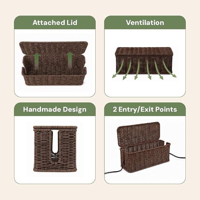 Cable Management Box, Handmade Rattan Cord Organizer for Power Strip | Open Slots Cord Hider for Power Strip, Router & USB Hub, Registered U.S. Design Patent