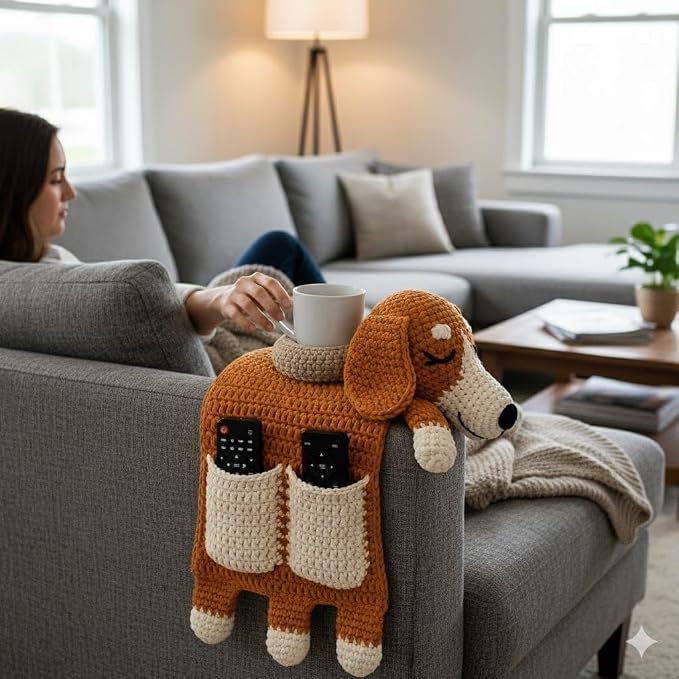Crochet Sofa Armrest Organizer with Cup Holder, Cute Dog & Cat Shaped Couch Caddy, Anti-Slip Remote Control Holder for Recliner, Handmade Storage Pocket for Tablet, Gifts for Pet Lovers (white)