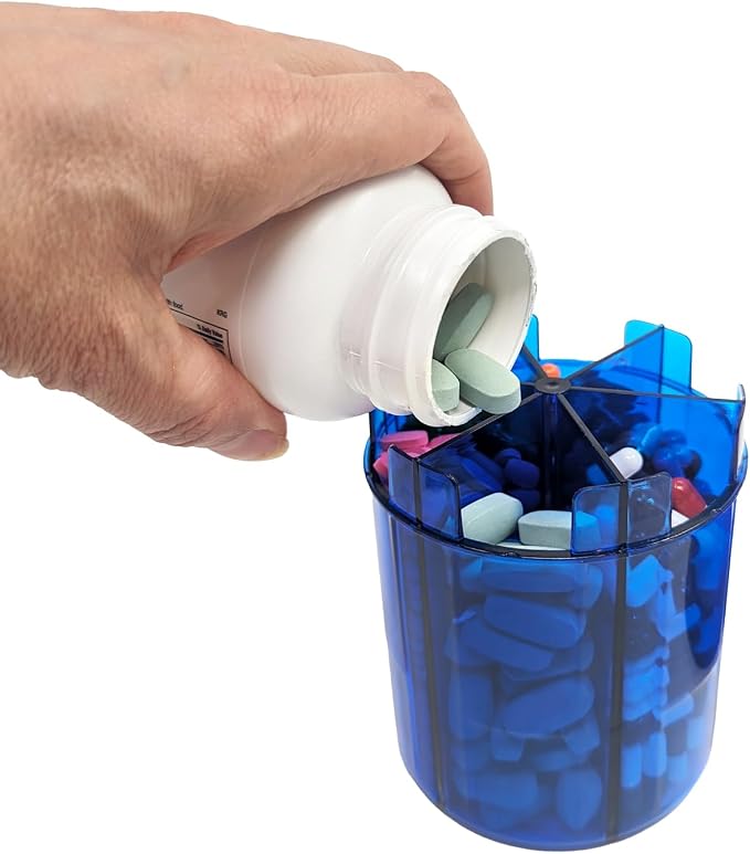 Supplement Pill Dispenser Bottle, 6 Compartment, Labels, Easy Open, Anti-Mixing, UV Protected, Monthly Vitamin, Monster Fit Jr Medication Holder (Cobalt Blue, Small)