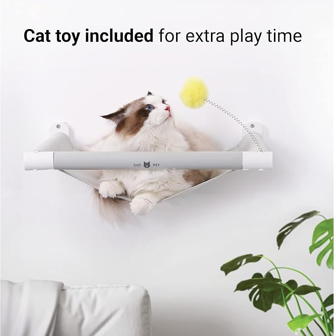 Cat Hammock Wall Mounted with Toy, Soft Padded & Comfortable Cover, Modern Design Premium Cat Furniture Shelf, Supports up to 40 lbs (Comfy Plus, White)