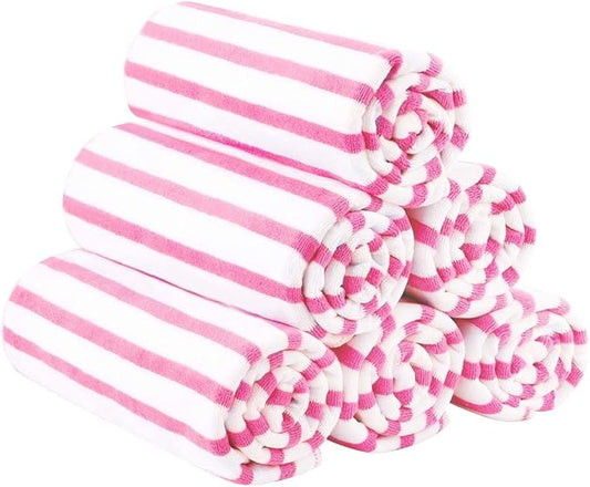 JML Beach Towels, Microfiber Bath Towel (6 Pack, 30" x 60") Cabana Stripe Absorbent, Quick Dry Bath Towel Set for Adults, Travel, Summer Holiday, Sport, Swimming, Pool, Yoga, Camping, Stripe Pink