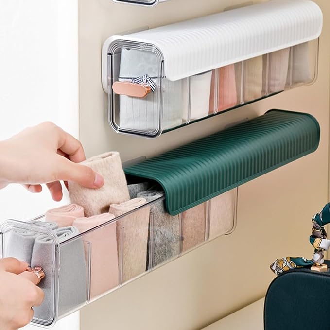Sock Organizer Gold Plated Handle Transparent Design Adjustable Compartment Space Saving Wall Hang Underwear Cabinet Storage Box(Dark Green)