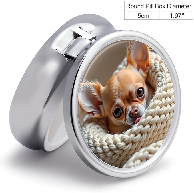 Cute Brown Chihuahua Metal Pill Organizer with Mirror, 3-Compartment Travel Pill Box, 2-Inch Round Pocket Medicine Case with Secure Latch, Portable Vitamin Holder for Women & Men
