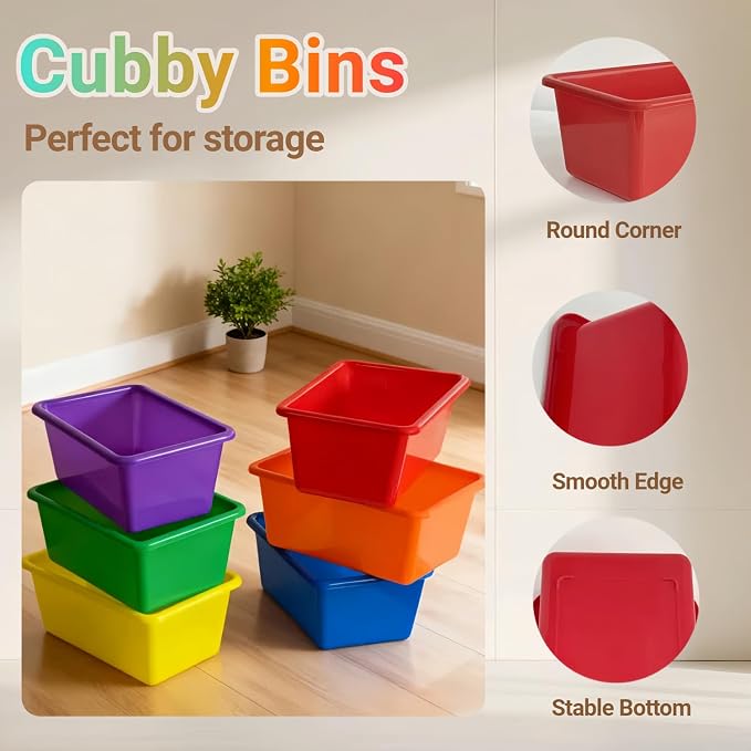 6 Pack Small Cubby Bins, Plastic Storage Containers for Classroom, Rainbow | Multi-Purpose Stackable Bin Organizer Storage Cubbies for Home, Playroom and Library, Shelf Bins, Book Bins