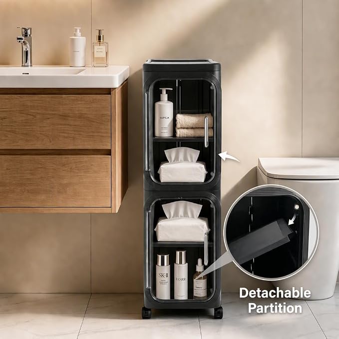2 Tier Slim Narrow Bathroom Storage Cabinet with Wheels, Foldable, Black | Tools Free, Adjustable Shelves,Lockable Wheels, Magnetic Door, PET and ABS, Storage for Narrow Spaces