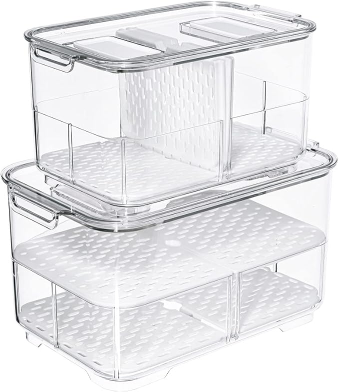 SANNO Vegetable Fruit Containers Fridge Food Storage Produce Saver Container Stackable Refrigerator Freezer Organizer Fresh Keeper Drawers Organizer set of 2