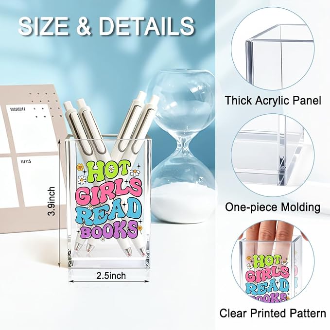 Hot Girls Read Books Acrylic Pencil Holder Cup, Funny Floral Desk Organizer for Book Lover Bookish Bookworms Readers, Women Empowerment Gifts for Daughter Girls Sister BFF, Reading Present