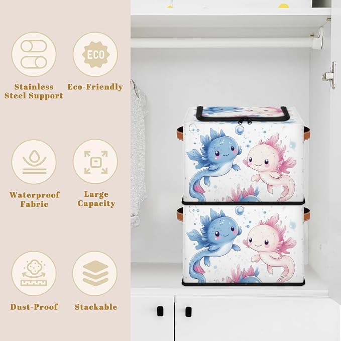 Ocean Axolotls Storage Bins With Zipper Lid, Trunk Organizer, Car Organizers and Storage Bins with Lids, Decorative Storage Boxes with Handle, Home Storage Baskets for Organizing