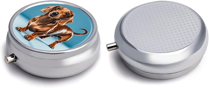 Dachshund Weiner Pet Dog Round Metal Pill Organizer 3 Compartment Travel Pill Case with Mirror Waterproof & Leak-Proof for Daily Meds Vitamins Supplements Fits in Purse Pocket Bag