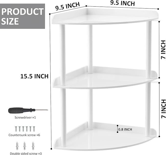 Sezanrpt 3 Tier Acrylic Corner Shelf Organizer Storage 9.5x9.5x15.7 Inch, White Countertop Corner Shelf for Bathroom, Kitchen, Bedroom, Office, Study Room