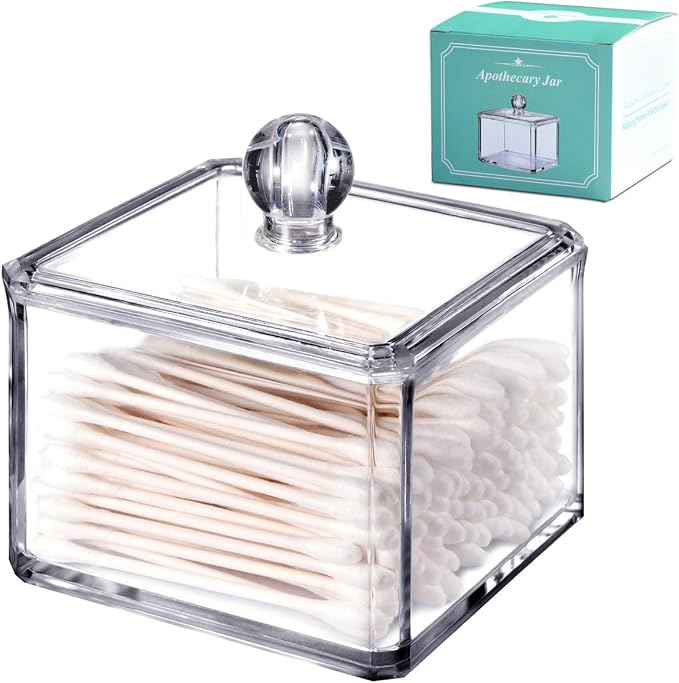 SheeChung Square Acrylic Qtip Holder, 2 Pack Bathroom Canisters with Lids | Apothecary Jars Bathroom Vanity Storage Canister - Shatterproof Organizers for Cotton Swabs, Pads-Modern Minimalist Decor