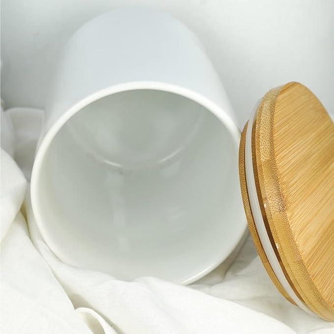 White Ceramic 1050mL 4 cup Food Storage Jar Canister with Airtight Bamboo Lid and Silicone Seal Container for Counter - Great for Coffee Sugar Treat Snack Treats for Dog Cat Rawhide Milkbone (White)