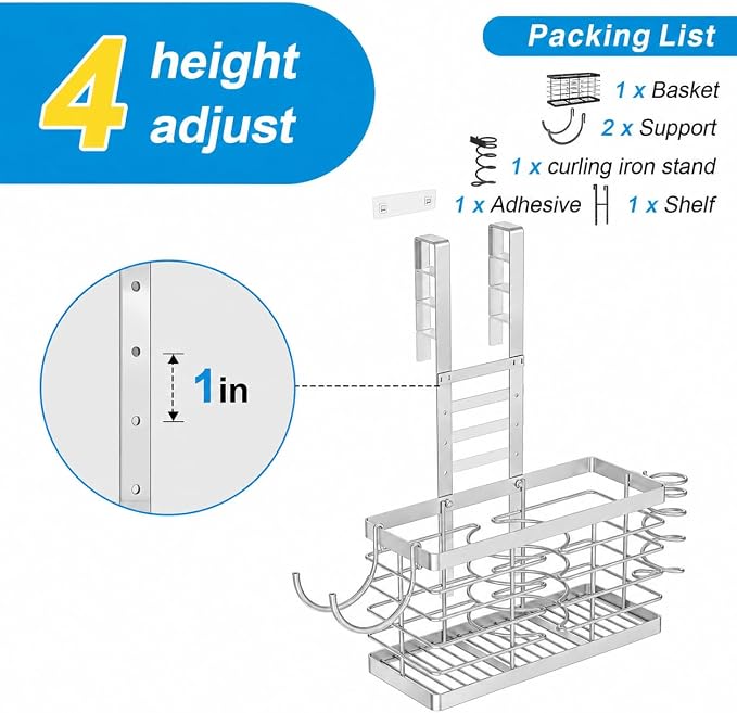 2026 Upgraded 3-in-1 Universal Hair Tool Organizer, L Size, Sliver | Adjustable Height Metal Hair Dryer Holder, Wall Mounted, Over Cabinet Door, Countertop, Bathroom Storage