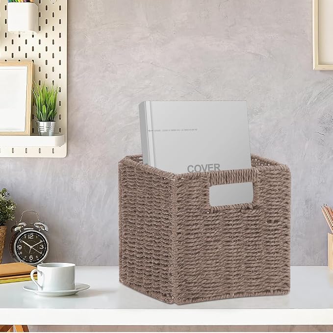 6 Pack 8.7 Inch Wicker Baskets | Hand Paper Rope, Storage Baskets,Foldable Cube Storage Bins Organizer Square Wicker Cubes for Shelves(Brown)