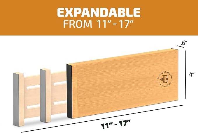 6-Pack Deep Drawer Dividers 4-Inch High Dresser Drawer Organizer, Bamboo | Adjustable 11.5-17 Inch Spring-Loaded Separators for Clothes, Utensils, Socks, Bedroom, Bathroom, Kitchen, Office, No Tools