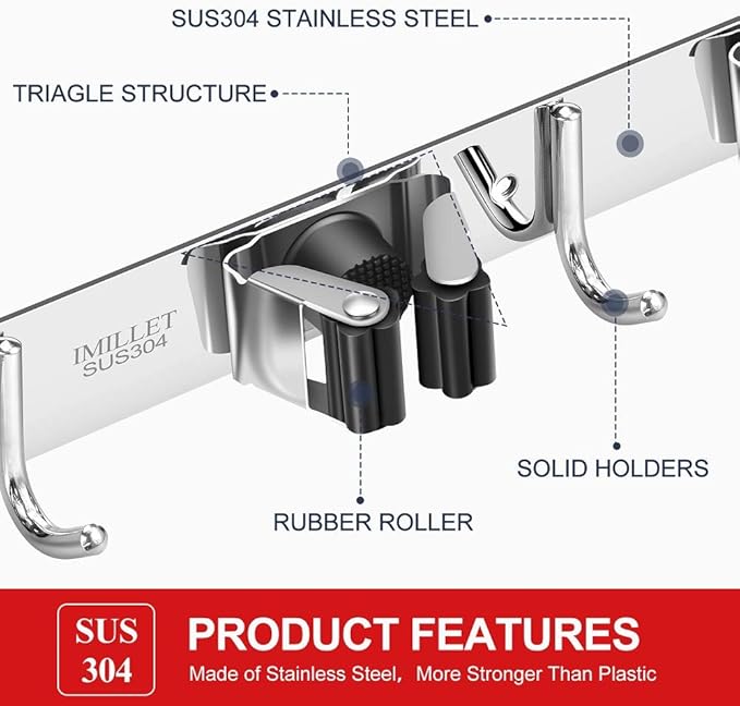 IMILLET Broom Holder Wall Mount Stainless Steel Mop Organizer | 3 Racks 4 Hooks Heavy Duty Garage Organization Storage,Broom and Mop Organizer Wall Hanging Self Adhesive for Laundry Room