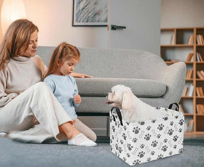 Rectangular Dog Basket,Dog Toy Bin,Dog Storage Basket Organizer.Waterproof PE Coating Puppy Storage Bin with Handles.Dog room decor,Dog Toys,Books,Kid's Gifts basket. (Dog Paw)