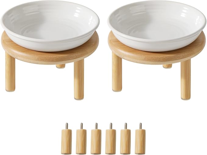 Havniva Elevated Cat Bowls, Ceramic Cat Bowl with Bamboo Stand Wide Opening | 5.7” Raised Cat Food Bowls, Whisker Friendly Cat Dish, Anti-Slip Cat Water Bowls, Shallow Cat Bowls, Cat Food & Water Bowl
