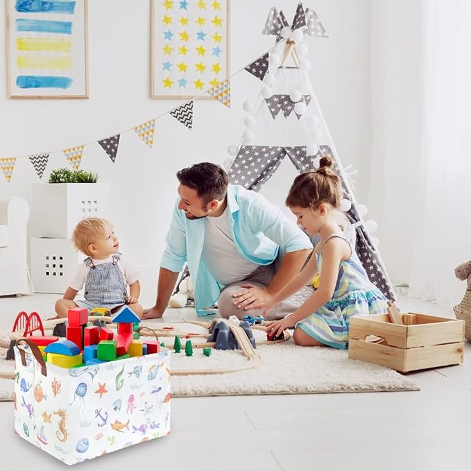Rectangle Fish Basket,Ocean Animals Waterproof Kids foldable Laundry Basket,Nursery Hamper,Boys and Girls Hamper,kids Room decor, kids toy organizer,Gift basket(Ocean Animals)
