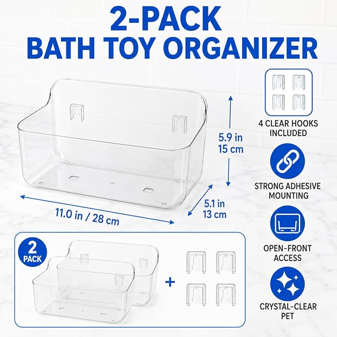 Bath Toy Organizer 2 Pack, Clear Bins with 4 Adhesive Hooks | Clear PET bath toy storage for bathtub and shower; large open bins mount without drilling and detach for easy cleaning.
