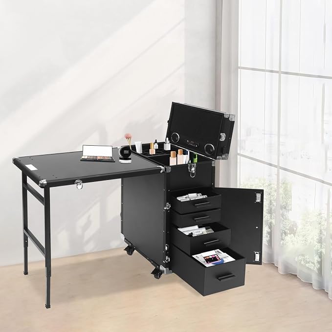 Makeup Case, Rolling Manicure Table Foldable Nail Desk Travel Cosmetic Trolley Multifunctional Cosmetic Tool Box Rolling Makeup Cases w/4 Removable Drawers for Hair Pet Groomer Stylist