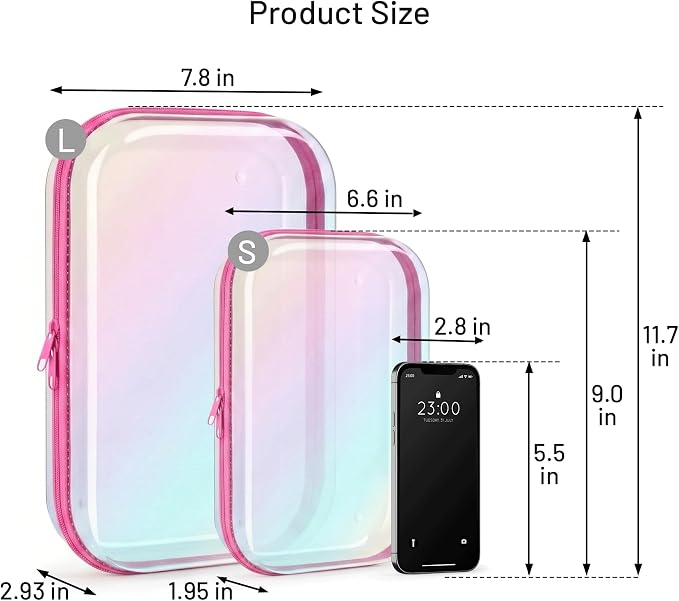 Clear Hard Shell Organizer Cases, 2 Pack | Iridescent PET shell with water-resistant, scratch-resistant surface for travel, toiletries, electronics and daily essentials