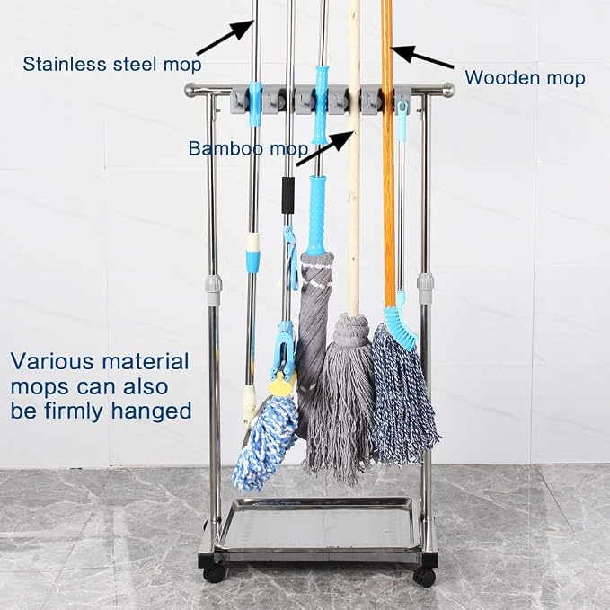 movable mop broom holder put wet mops floor standing cleaning tool rack stainless for schools, hospitals, factories, hotels, restaurant, etc.