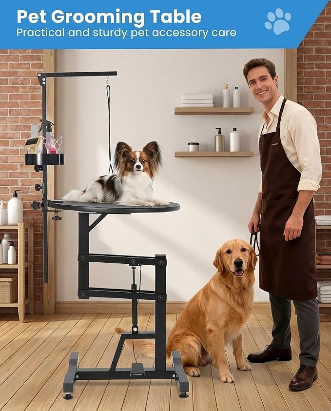 24" Hydraulic Lift Dog Grooming Table – Adjustable Height, 250LB Capacity, Non-Slip Silicone Top, Foldable for Home & Salon Use