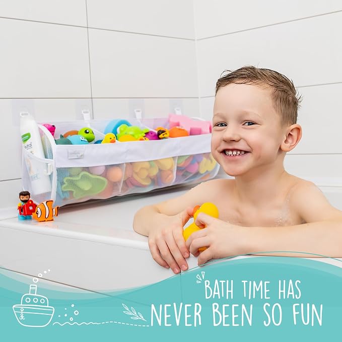 Large Bath Toy Organizer – 3 Compartment Bath Toy Holder for Bathtub & Shower – Quick-Dry Mesh with 4 Strong Adhesive Hooks – Kids Toys Storage Net for Bathroom, shower & Tub