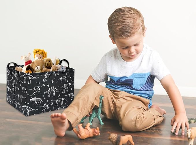 Rectangular Dinosaur Basket Empty Cute Storage Bin Organizer Box Dinosaur Room Decor for Books(Black Dinosaurs)