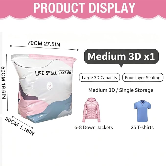 No-Pump Vacuum Storage Bags,Large Cube Vacuum Seal Bags,Press & Seal Reusable Space Saver Bags,Air Tight Compression Storage Bags for Clothes, Comforters,Blankets, Bedding,Travel (M-1PCs)