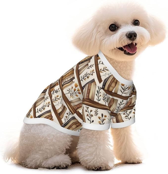 Bookshelf Floral Dog T Shirt Dogs Cats Cotton Shirts Short Sleeve Clothes Soft Stretchy Pet Costume Doggy Outfit Pullover Jumper Puppy Sweatshirt Small