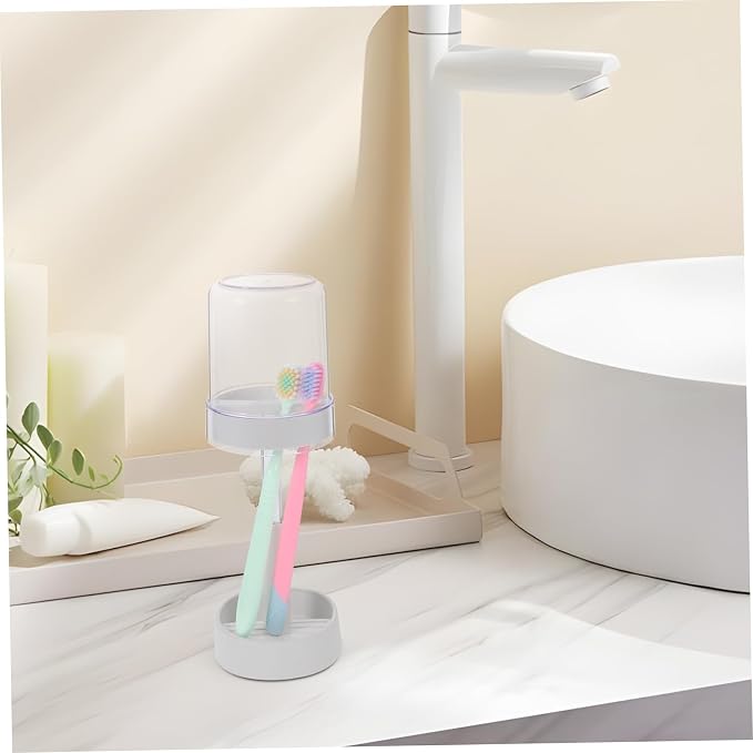 VOSAREA Toothbrush Holder with Covers Slots Toothpaste Storage Rack Organizer for Electric Toothbrushes Design with Rinse Cup Portable Easy to Clean for Bathroom Use