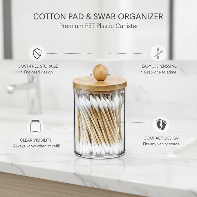 Clear PET Cotton Pad Dispenser Canister - Enclosed Storage for Rounds & Swabs, Compact Bathroom Vanity Organizer (1 Pack)