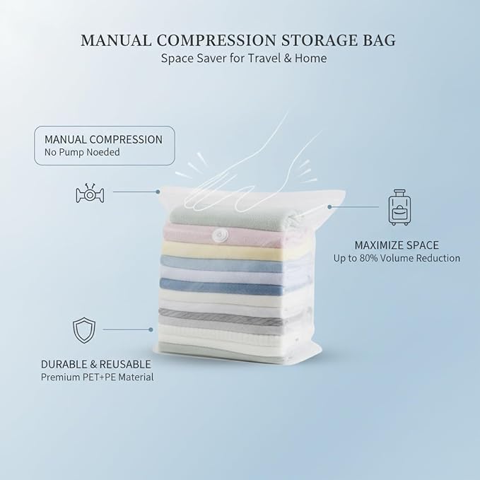 1 Pack Manual Compression Storage Bag, Space Saver with One-Way Valve for Travel and Closet Organization, Durable PET PE Material