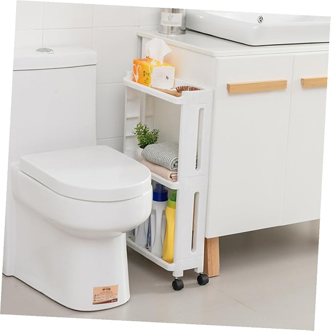 3-Tier Gap Storage Tower Rack with Wheels for Home Kitchen | PP White Build, Slide out Access, Portable Design, Suitable for Bath Supplies and PET Items