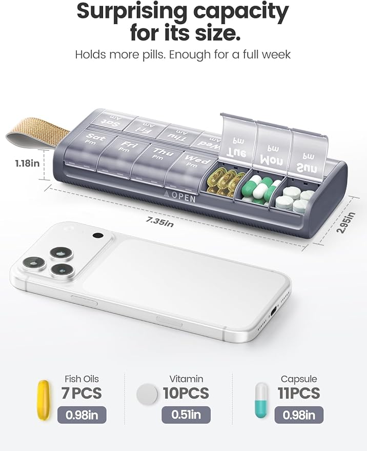 Pill Organizer 2 Times a Day, Built-in Desiccant | 7 Day AM PM Weekly Pill Box, Easy-Open, Portable Carry Handle, BPA-Free, Matte Privacy Case for Supplements and Vitamins